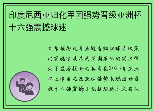 印度尼西亚归化军团强势晋级亚洲杯十六强震撼球迷