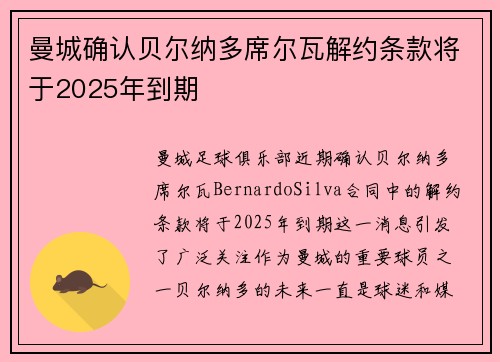 曼城确认贝尔纳多席尔瓦解约条款将于2025年到期